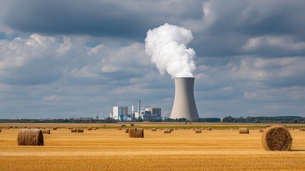 Renewable resources theme, a biomass power plant beside farmland, white steam coming out of the chimney, straw stacks around, background is a golden wheat field 