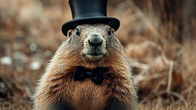 Charming groundhog wearing a top hat and bow tie in a natural setting.