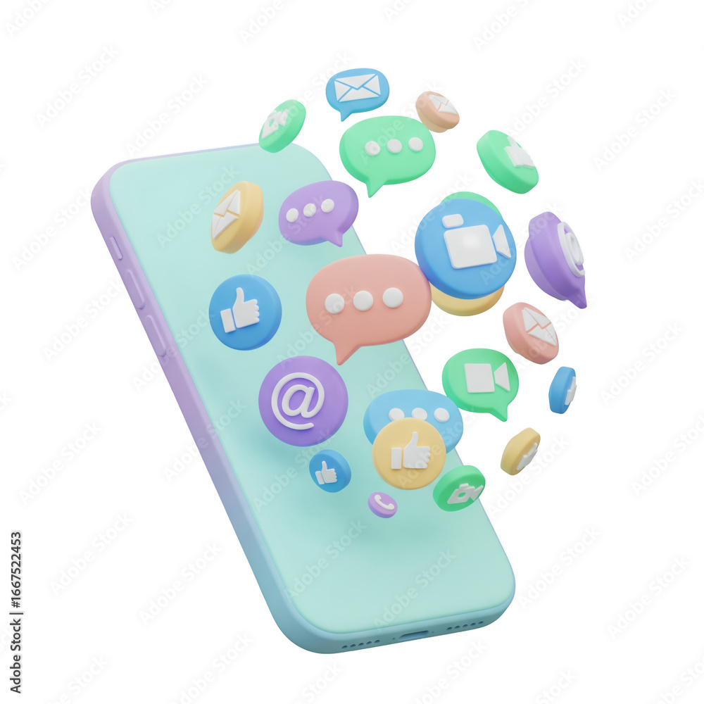 Aufkleber digital smartphone with floating communication icons on transparent background
