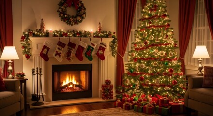 Cozy christmas living room with a decorated tree, glowing fireplace, and stockings on the mantle for festive holiday cheer.