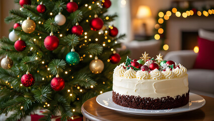 christmas cake with candles, birthday cake with candles, Christmas tree with cake, decorated Christmas tree , sparkling lights, delicious cake with Christmas decorated tree 