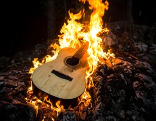 Burning Acoustic Guitar in Forest Fire