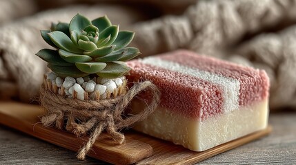 Pink and white striped soap on wooden loofah with succulent plant