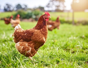 Fototapeta premium A fluffy, golden-brown chicken pecks curiously at the lush green grass, surrounded by wildflowers under a bright blue sky.