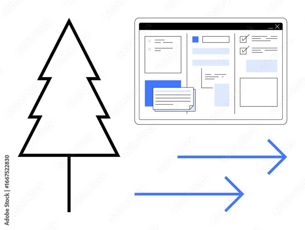 Aufkleber minimal tree outline connected to a digital interface representing communication or workflow with ar