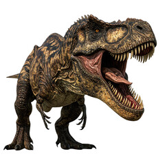 A fierce Tyrannosaurus rex with textured scales, sharp teeth, and an open mouth showing its tongue and gums, poised in a roaring stance