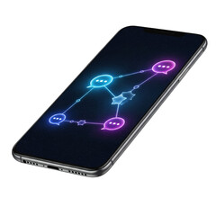 Smartphone Displaying Networked Messaging Icons with Blue and Purple Neon Glow on Black Background