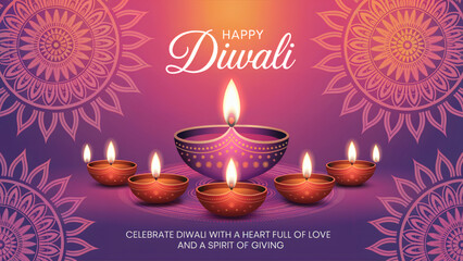Naklejka premium Radiant Diwali celebration with vibrant oil lamps illuminating the spirit of love and giving, a festive symbol of light over darkness