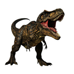 Fototapeta premium A fierce Tyrannosaurus rex with an open mouth displaying sharp teeth, textured scaly skin, and a powerful stance ready to roar or attack