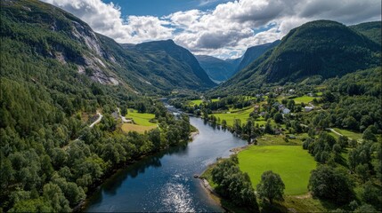 Aerial View Of Scenic Norwegian River Valley
