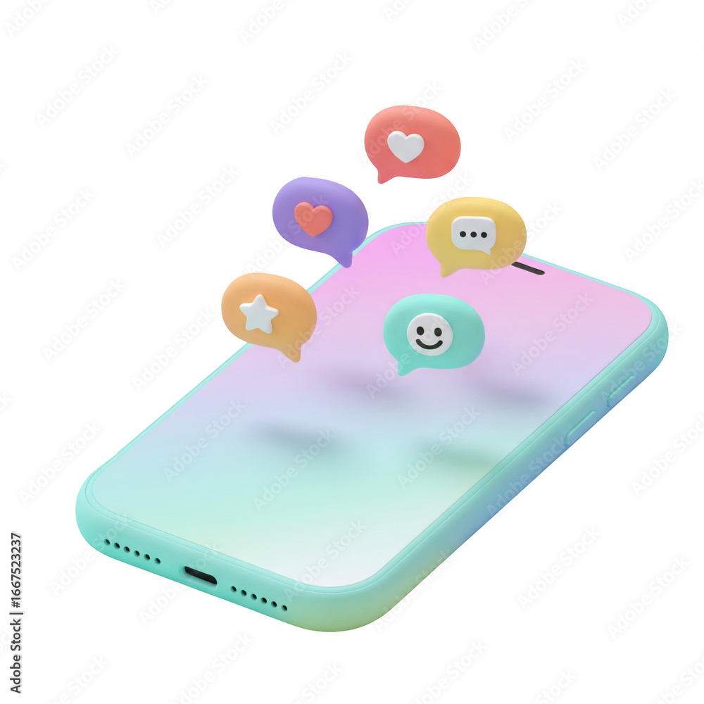 Poster isometric smartphone with floating speech bubbles in gradient colors on transparent background
