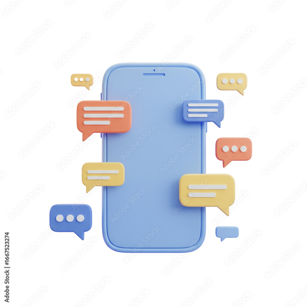 Poster 3d render of a blue smartphone with floating colorful message bubbles on a transparent background