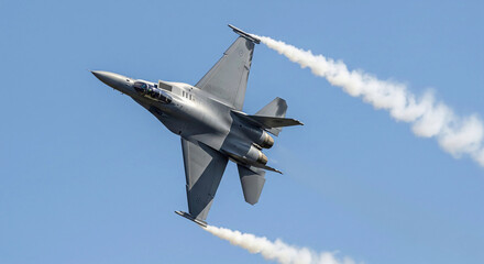 A fighter jet performing a sharp turn against a clear blue sky, leaving white smoke trails. Illustrates military aviation, air power, and aerial maneuvers during a display.
