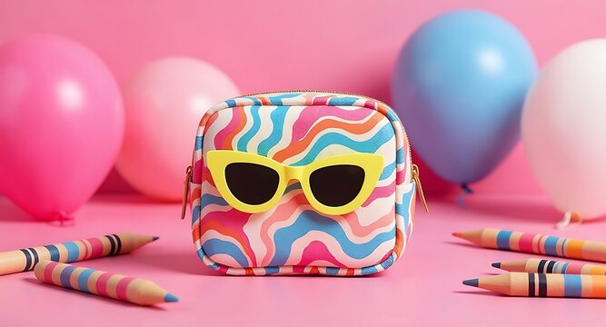 Funky psychedelic backpack with sunglasses and balloons - Powered by Adobe