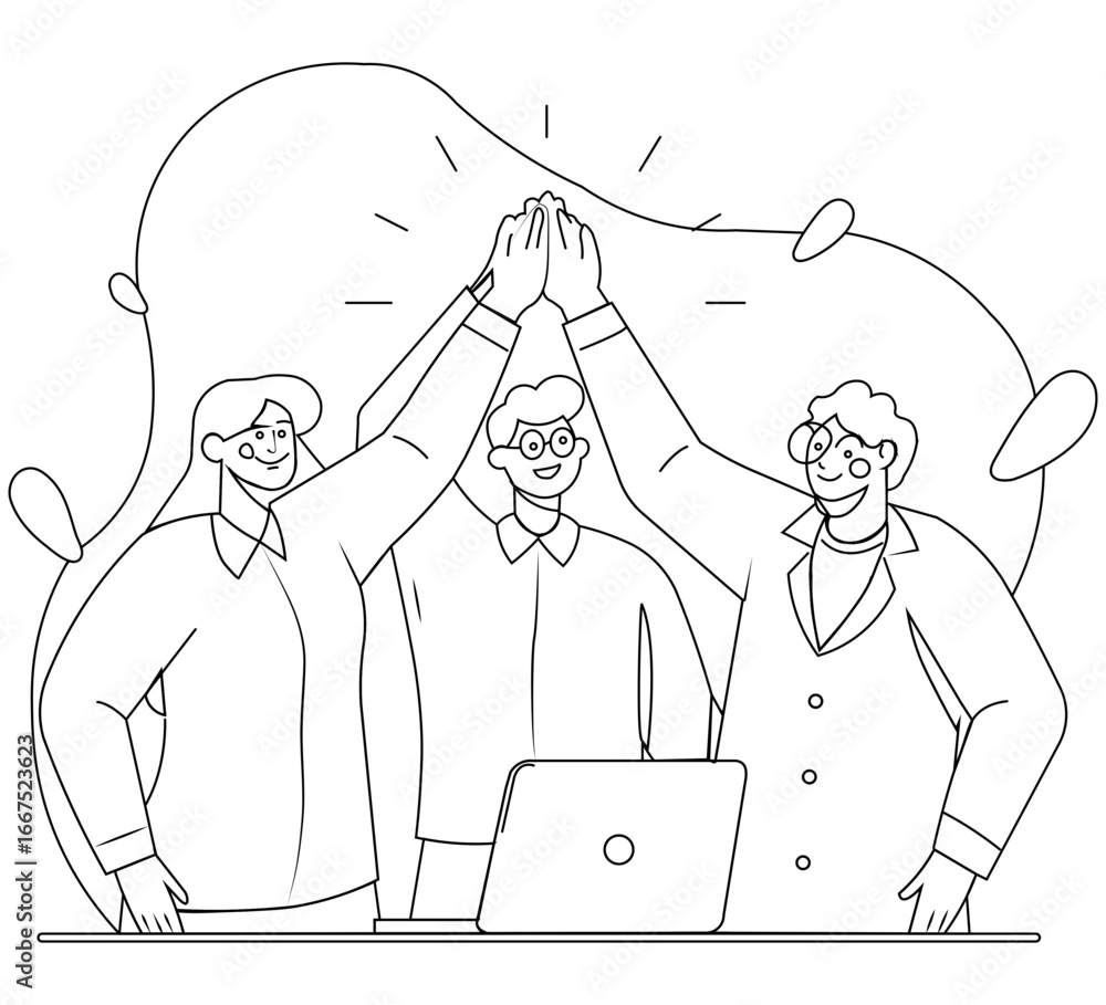 Poster minimal flat line art design of coworkers giving big group high five with cheerful expressions and t