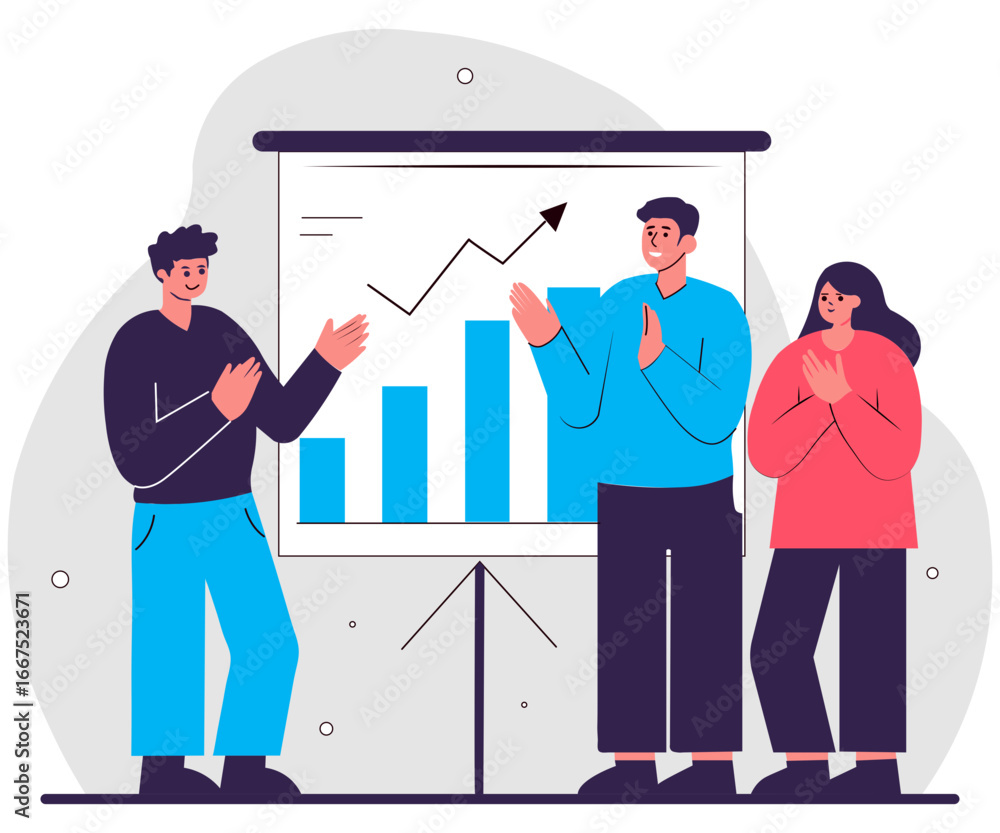 Poster flat vector of employee presenting successful results with upward charts and teammates clapping