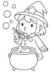 coloring book witch blowing bubbles over a bubbling cauldron, playful potion-making scene