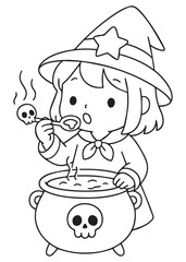 coloring book witch tasting a mysterious brew from a skull-marked cauldron with curious expression