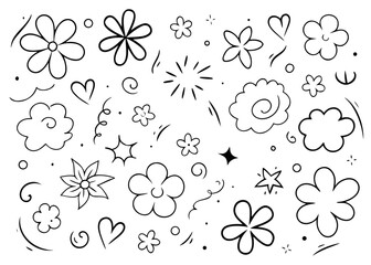 Charming childlike hand drawn elements featuring a sweet kid icon flower cloud and heart motif for creative projects