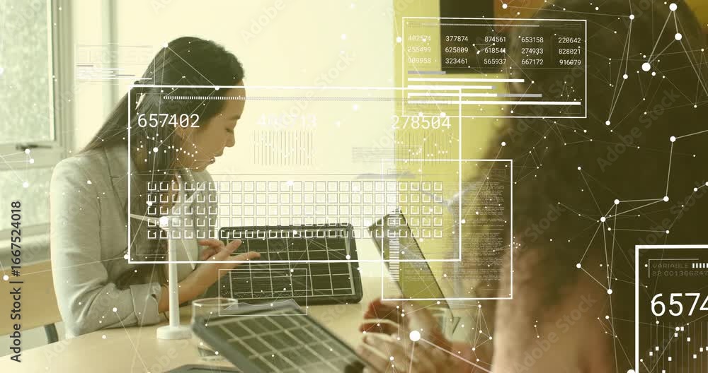 Poster engineer tapping laptop in tech meeting, summoning data grid around solar panel, presenting metrics