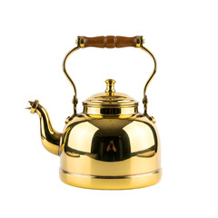 Isolated Tea Kettle Shines with Golden Finish and Wooden Handle on Transparent Background