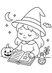coloring book witch reading a spellbook beside a jack-o'-lantern, quiet magical study in the kitchen