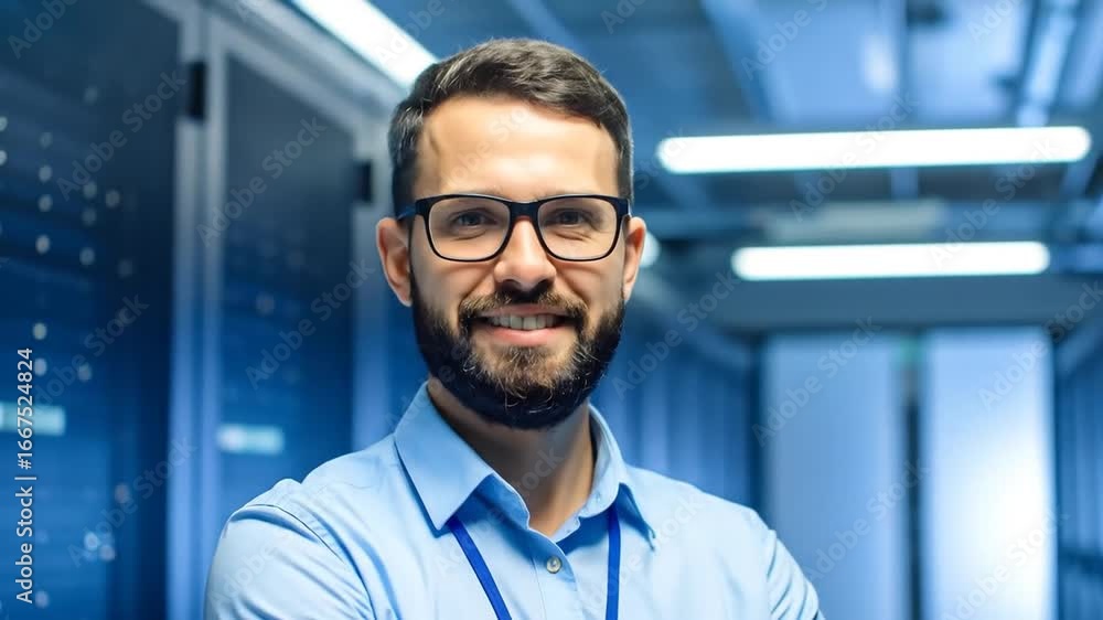 Aufkleber it engineer smiling in data center with technician with server racks, and technology professional.