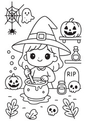 coloring book witch brewing a spooky cauldron surrounded by pumpkins and autumn leaves, Halloween vibe