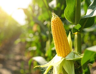 Corn Cob Growing in Field, Sunlight