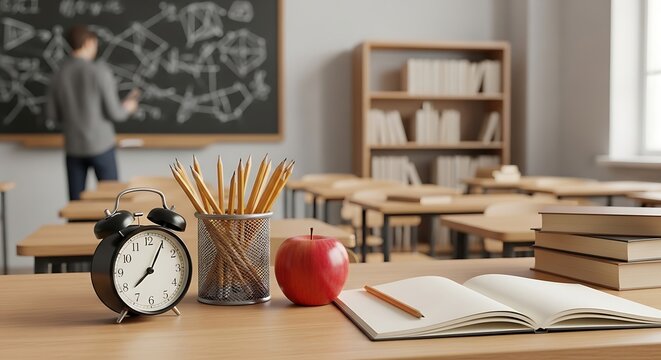 Classroom Still Life: Alarm Clock, Apple, Pencils, and Teacher at Blackboard.