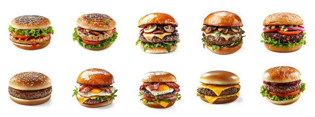 Collection of juicy chicken burger, grilled to perfection and served with lettuce and mayo. full length isolate on transparent background