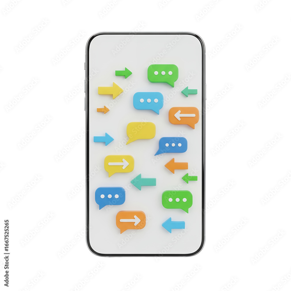 Poster digital smartphone displaying speech bubbles and arrows representing online communication and messag