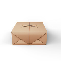 Minimalist Brown Paper Wrapped Gift Box with Twine on White Background. 3D Illustration. File with Clipping Path