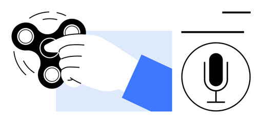 Hand spinning fidget spinner with motion lines, a microphone symbol, and strokes representing communication. Ideal for relaxation, focus, creativity, productivity, mental health, mindfulness simple