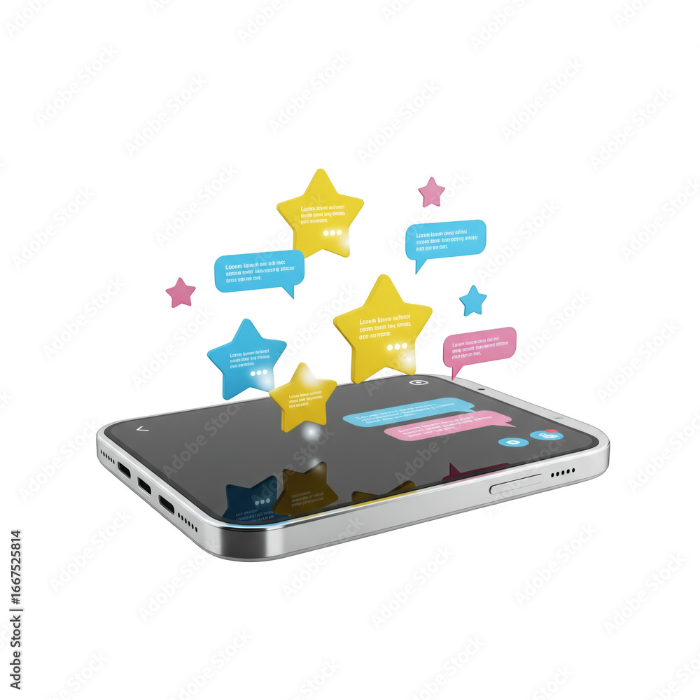 Aufkleber smartphone with floating stars and speech bubbles representing communication and feedback on transpa