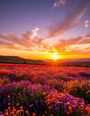 Obraz premium A vibrant field of wildflowers in full bloom, with a stunning sunset casting warm hues of orange and pink across the sky, creating a serene atmosphere.
