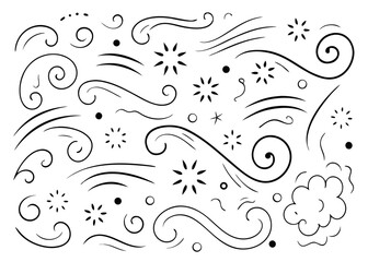 Hand drawn doodle wind line sketch collection featuring swirling air currents and weather elements in a simple artistic style