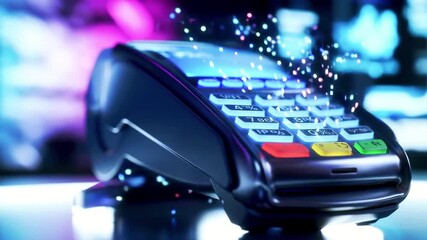 Close-up of a modern payment terminal with glowing effects, set against a vibrant, blurred background - Powered by Adobe