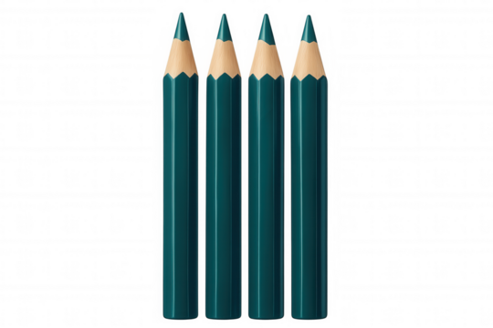 Four teal colored pencils are standing upright on a transparent background, ready for creative drawing and artistic expression