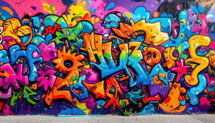 Obraz premium Graffiti art illustration, vibrant street art mural on a wall, bold comic-style outline