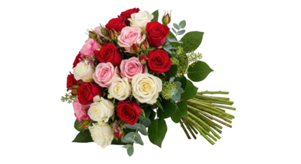 A beautiful arrangement of red pink and white roses with green leaves and stems presented on a black background with delicate floral accents