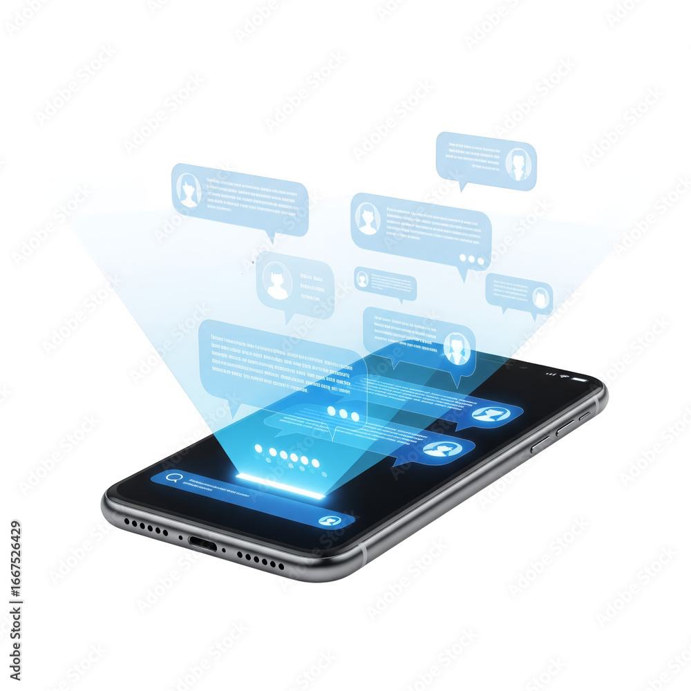 Poster smartphone displaying blue holographic messages and notifications on transparent background