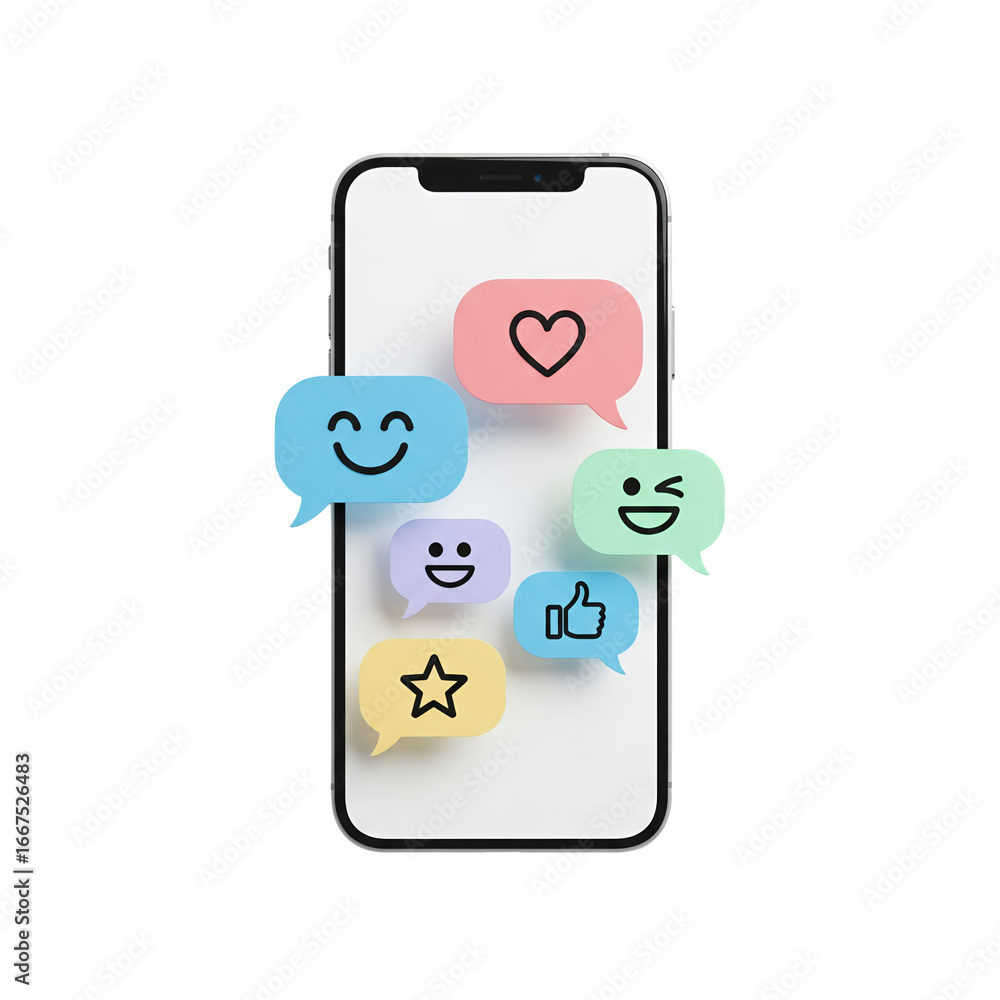 Poster smartphone displaying colorful speech bubbles with social media icons on transparent black backgroun