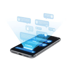 Smartphone Displaying Blue Holographic Messages and Notifications on Transparent Background