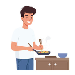 Young man cooking noodles in a pan at home, wearing casual clothing, presented in a vibrant flat cartoon vector illustration on a clean isolated white background.
