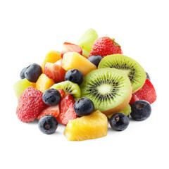 Obraz premium A freshly cut kiwi sitting next to a pile of mixed fruits for a healthy snack. full length isolate on transparent background
