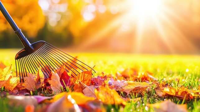 Raking Colorful Autumn Leaves on a Sunny Green Lawn. Vibrant Fall Foliage and Seasonal Garden Maintenance.