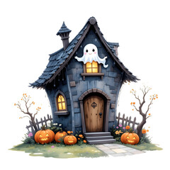 Cute Haunted House with Ghost, Jack-o'-Lanterns, and Flying Bats – Halloween Cartoon Scene, Whimsical Cottage, Festive Decor, Transparent Overlay, Holiday PNG on Transparent Background