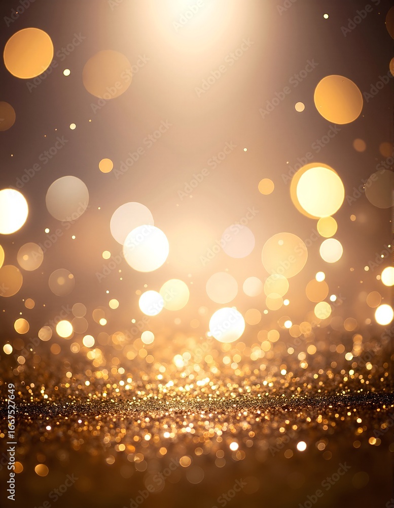 Poster a shimmering gold glitter background adorned with soft, glowing bokeh lights, creating a warm and fe