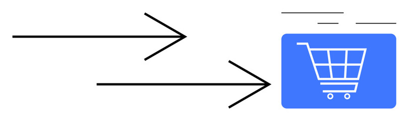 Black arrows pointing towards a blue block with a shopping cart outline. Ideal for online shopping, e-commerce, transaction flow, digital business, logistics, purchase process, flat simple metaphor